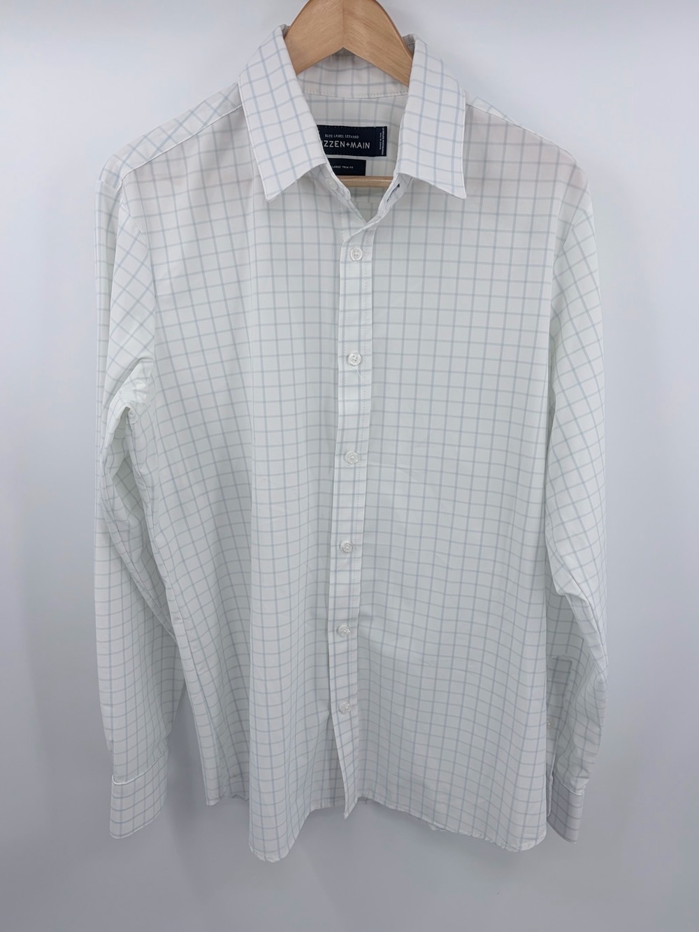 Mizzen + Main Leeward white light blue windowpane button down shirt men’s L trim